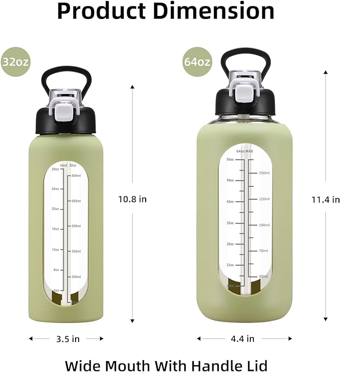 64 oz Glass Water Bolttles with Straw Half Gallon Large Motivational Water Bottle with Time Marker Sports Water Bottles with Silicone Sleeve and Handle Lid Water Jug for Gym Workout
