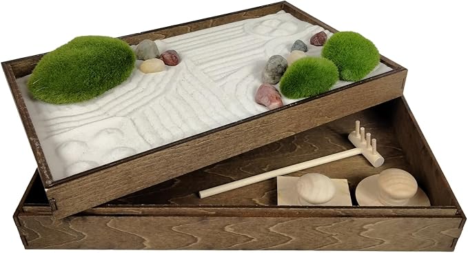 Wooden Stackable Zen Garden | White Sand with Rake & Accessories | Minimalist Decor Gift for Relaxation