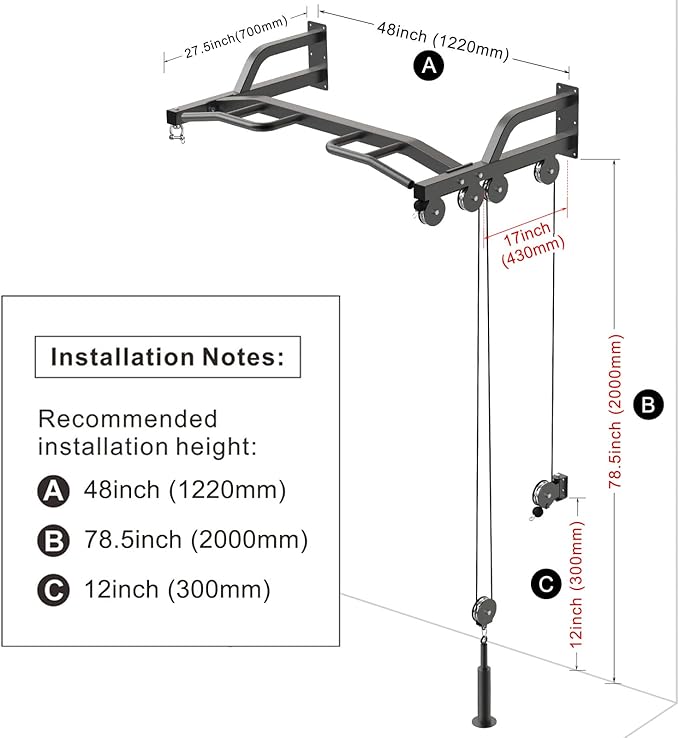 Kipika 48" Wall Mounted Multifunction Cable Pulley System Gym, 48" Wall Mounted Pull Up Bar, Cable Machine LAT Pulldown Attachments, DIY Home Gym Pulley Cable Machine Attachment System, Punching Bag Hanger