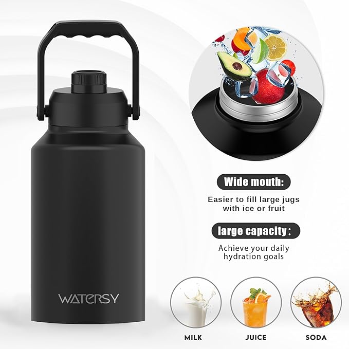 2/3 Gallon Water Bottle Insulated(Cold for 48 Hrs),BPA Free&Leak Proof,87oz Stainless Steel Water Jug/Flask,Big thermo,Large Water Bottle with Handle for Gym,Hiking,Camping,Black
