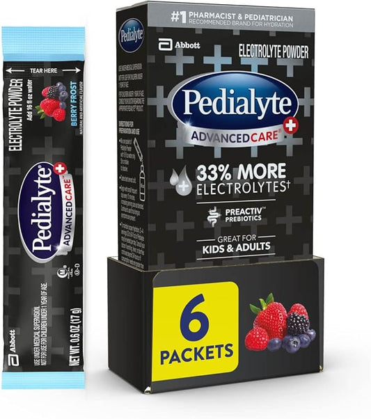 Pedialyte AdvancedCare Plus Electrolyte Powder, Has 33% More Electrolytes and PreActiv Prebiotics, Berry Frost, 6 Powder Packets