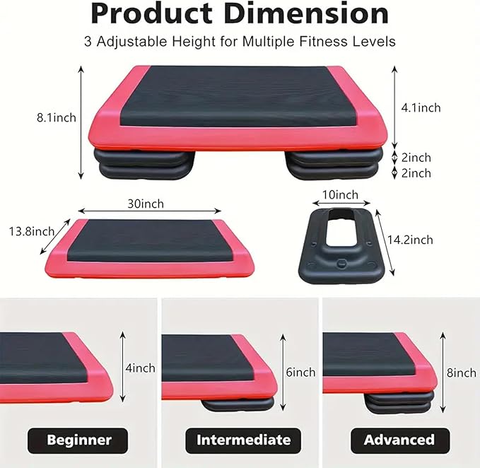 Adjustable Workout Aerobic Exercise Step Platform, Fitness & Exercise Step Platform with 2/4 Stackable Risers for Home Gym Cardio Training(Grey/Red)
