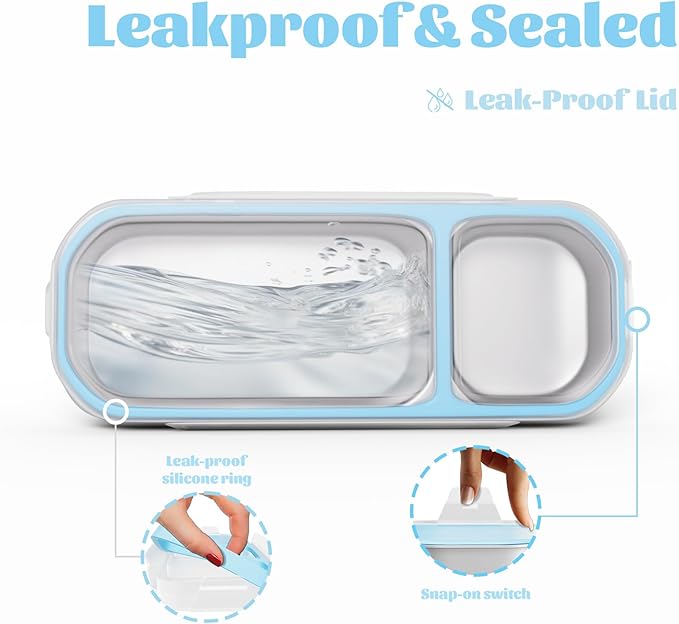 Stainless Steel Snack Containers for Kids Adults, 4 Pack 2 Compartment Metal Snack Containers Box with Lid, Reusable Food Storage Container, Leak Proof, Grab and Go