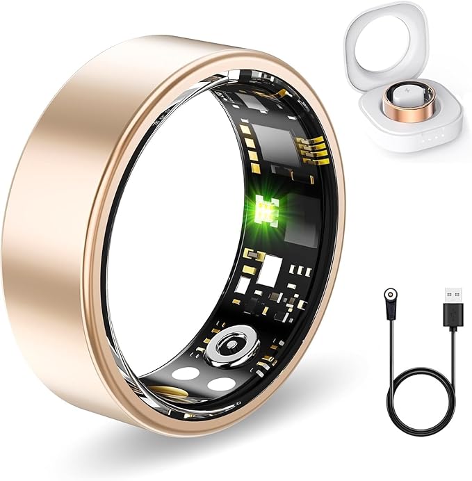 Smart Rings for Women Men, Fitness Ring with Heart Rate, Blood Oxygen, HRV, Pressure, Sleep Tracker, Step Tracker, No Subscription Fee, IP68 Waterproof Smart Ring for iPhone & Android (Gold, 8#)