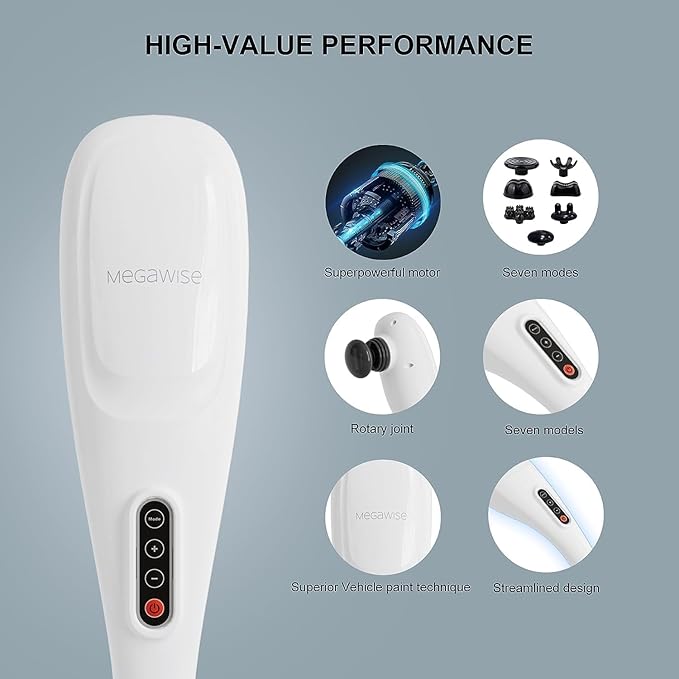 MEGAWISE Cordless Back Massager for Shoulders, Waist, Legs, Rechargeable 3200mAh Battery, 5 Speed and 5 +2 Massage Nodes 5 Hard, 2 Silicone Nodes, Massage While Moving Around (Off White Cordless)