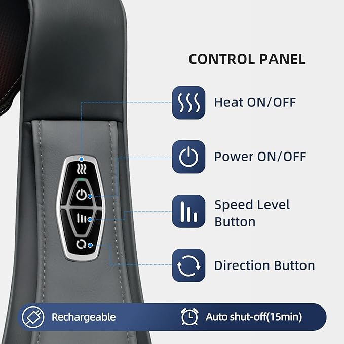Cordless Rechargeable Shiatsu Neck & Shoulder Massager with Heat Therapy – Deep Kneading Massage for Pain Relief at Home, Office & Travel – for Men & Women