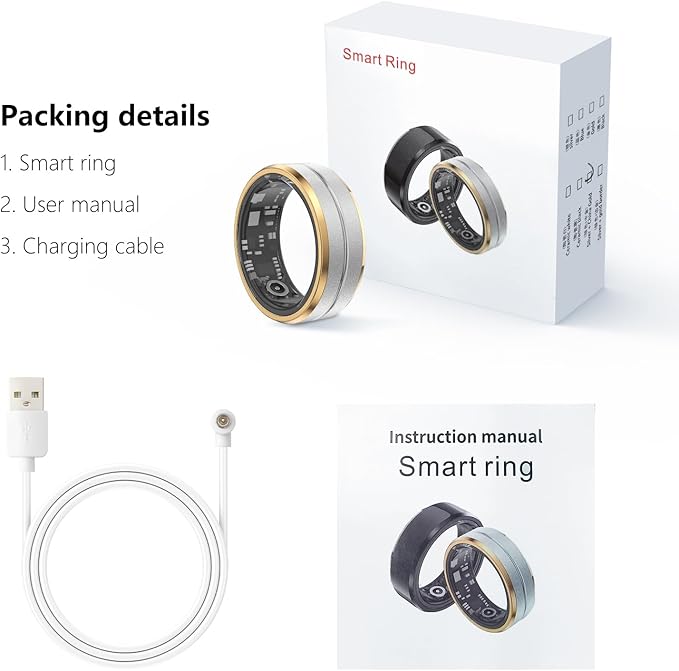 Fitness Tracker Smart Ring,Step Counter,Heart Rate Blood Oxygen Sleep Tracker Health Ring, 6ATM Waterproof Long Battery Life Smart Rings Compatible with IOS & Android (Silver with Side Gold US10-2)