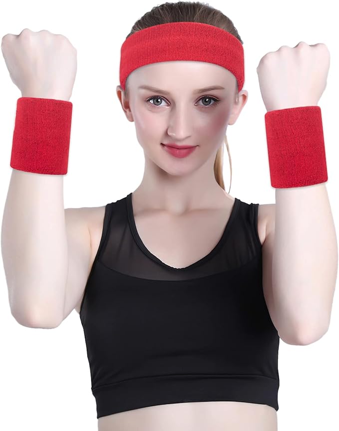ONUPGO 6 Pieces Sweatbands Set - Sports Headbands Wristbands for Men & Women,Cotton Terry Cloth Sweatband for Tennis,Basketball,Gym,Working Out - Moisture Wicking Elasticity