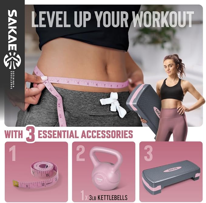 SAKAE Step Aerobics Platform Set with Kettlebell & Measuring Tape, Aerobic Steppers for Exercise at Home, Adjustable Height 2 Level Risers Workout Step Trainer with Non-Slip Surface, Multiple Colors