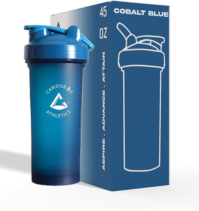 2 Pack 45 oz Protein Shaker Bottles with Wire Whisk – BPA-Free, Leak-Proof Shaker Cups for Protein Shakes & Smoothies – Large Plastic Mixer Bottle – Classic White & Cobalt Blue.