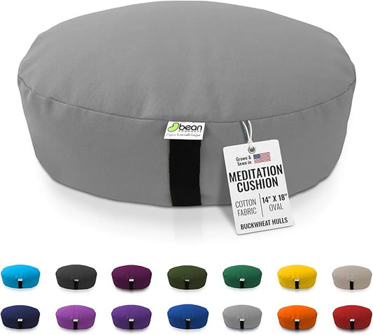 BEAN PRODUCTS Zafu Meditation Pillows for Sitting on Floor, Yoga Cushion, Cotton/Buckwheat fill Yoga Pillow, Zafu Meditation Cushion, Zen Kneeling Prayer Pad- MADE IN USA - 14"x18" Oval - STONE GRAY
