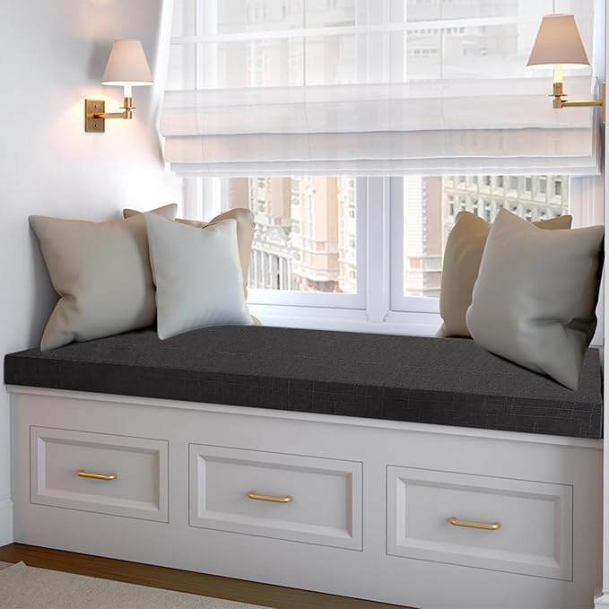 40x12x2 Linen Bench Cushion, Strengthen Breathable Indoor Seat Cushions, High-Density Bench Pad with Anti-Slip Bottom, Indoor Cushion for Bay Window Porch Furniture - Black