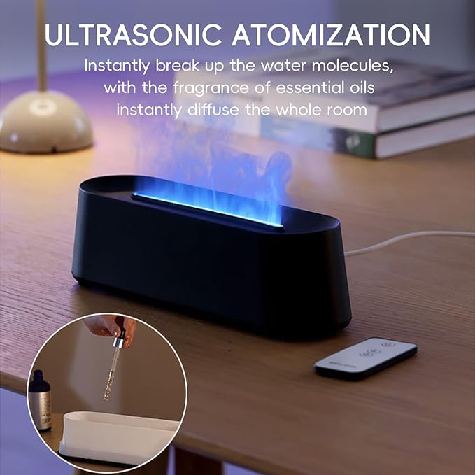 Essential Oil Diffuser, Fireplace Fire Flame Aromatherapy Diffuser, 250ml Cool Mist Humidifier, Scent Aroma Diffuser with 7 Colors Light, Remote Control, Timer & Auto-Off for Home, Room (White)