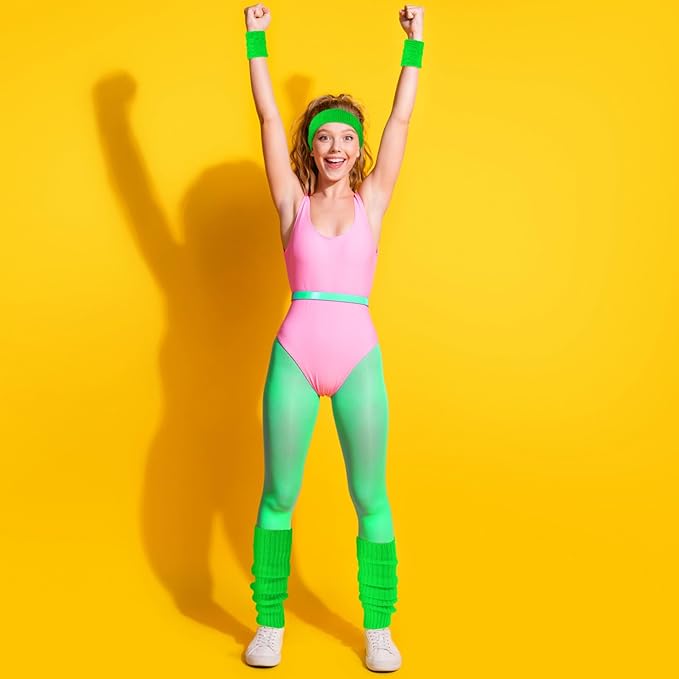 Haysandy 4 Sets 80s 90s Leg Warmers Set for Women Costume Neon Headband Rainbow Wristbands for Sport Yoga Workout Clothes