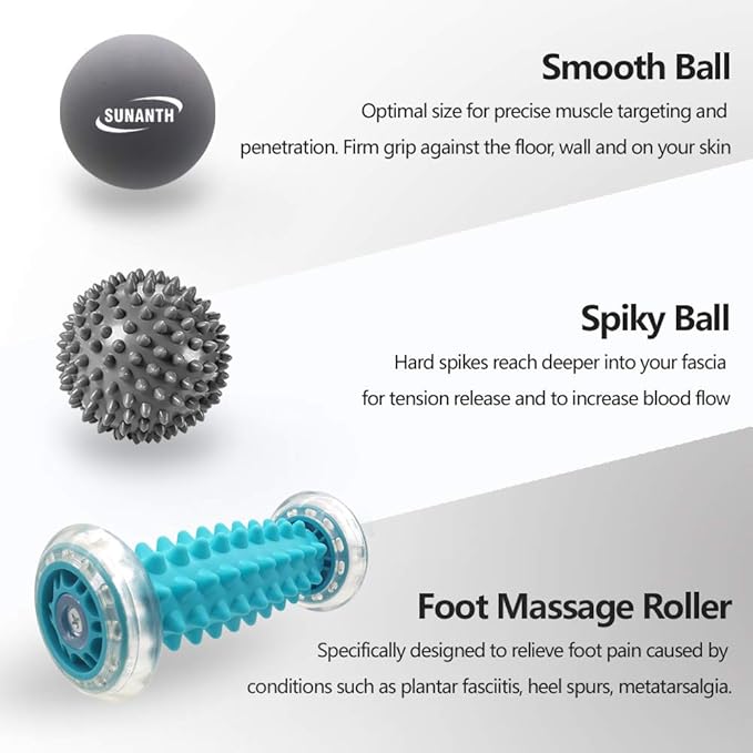 Foot Massager Roller,Massage Lacrosse Ball,Spiky Ball Therapy Set for Relieve Plantar Fasciitis,Heel & Foot Arch Pain and Deep Tissue Massage
