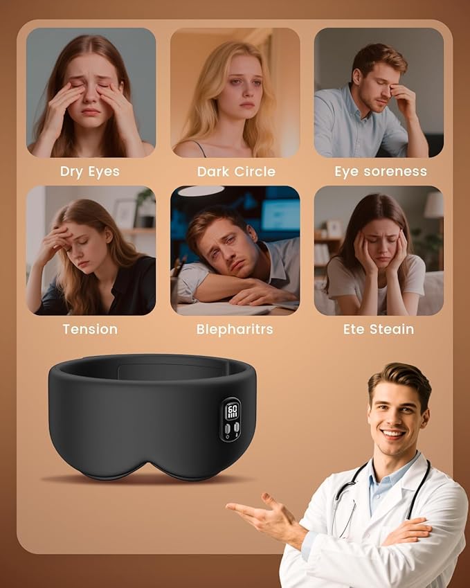 Heated Eye Mask - Cordless Eye Mask for Dry Eyes, Eye Relief, Improved Sleep, Timed Shutdown, 4 Temperature, Washable Silk Eye Heating Pad for Travel, Removable for Cleaning - Black