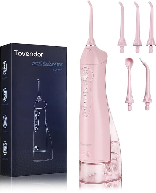 TOVENDOR Electric Water Dental Flosser Teeth Pick, Cordless Flossers Oral Irrigator IPX7 Waterproof 300ML Rechargeable Travel Water Teeth Cleaner with 5 Tips for Home Braces Care Gums Deep Cleaning