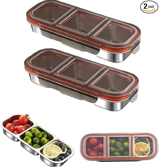 2 Piece Stainless Steel Snack Containers with Lids, Reusable 3 Compartment Snack Containers, Divided Food Storage Containers Box Sauce Cups for School, Travel, Home (3 Compartment-black)
