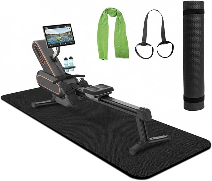 Rowing Machine Mat 96" x 28" With Sports Towel and Strap,Treadmill Mat Compatible with Peloton Bike, Row & Concept 2 Rowing Machine,Exercise Bike,Gym Exercise Fitness Equipment