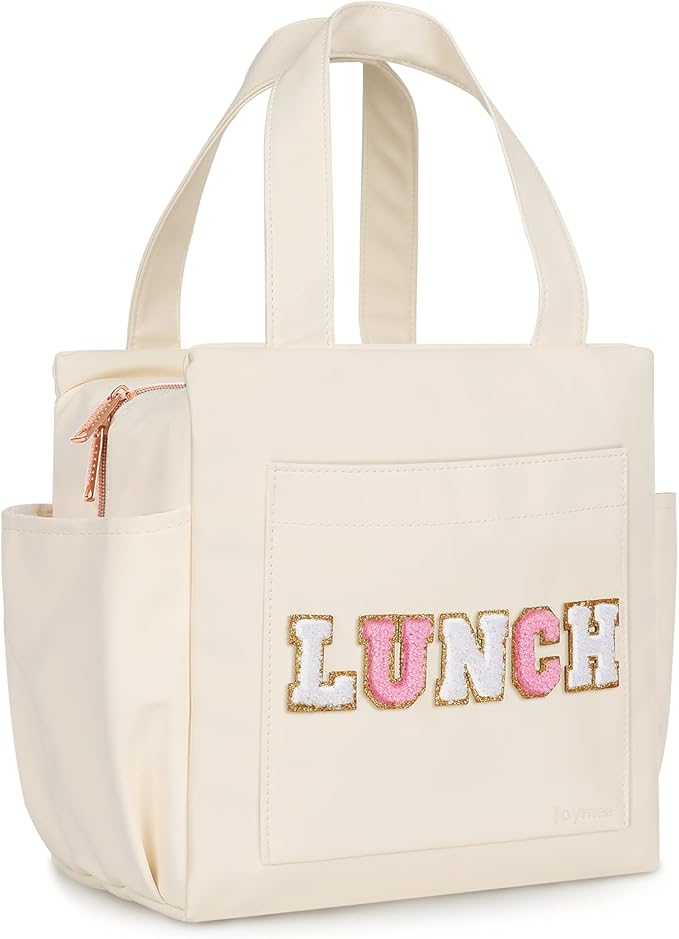 Joymee Leather Lunch Box Lunch Bag for Women Adult Insulated Reusable Leakproof Large Spacious Lunch Cooler Lunch Tote Bag with Bottle Holder and Side Pockets for Work Picnic Beach (Letter LUNCH)