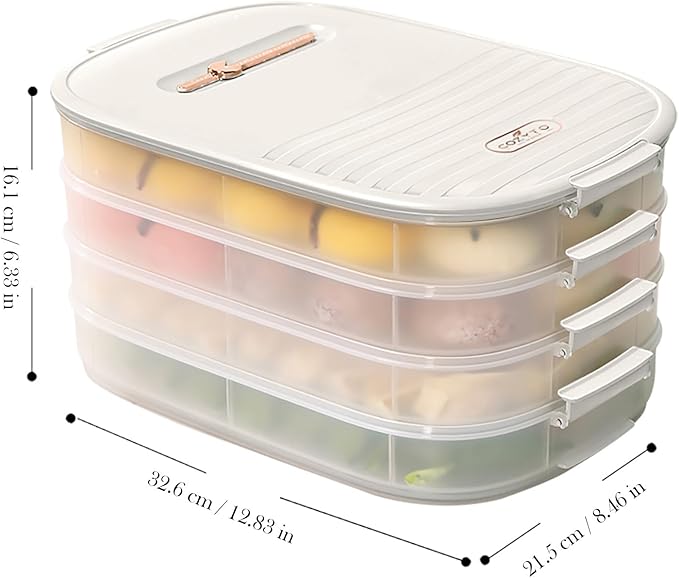 4-Layer Dumpling Storage Container – Freezer Organizer with Smart Timer, Good Sealing, Stackable Food Containers, Anti-Stick Base & Clip Lid (White Lid & Transparent Box)