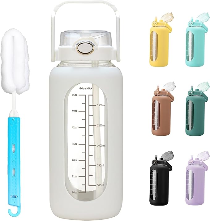 64oz Glass Water Bolttles with Straw Half Gallon Large Motivational Water Bottle with Time Marker Sports Water Bottles with Silicone Sleeve and Handle Lid Water Jug for Gym Workout