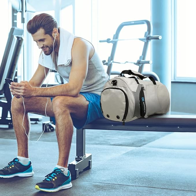 INOXTO Small Sports Gym Bag,Travel Duffel Bag with Dry Wet Pocket and Shoes Compartment for Women and Men,35L Waterproof Weekender Fitness bag For Swim Sports Travel Working Out (light grey 2)