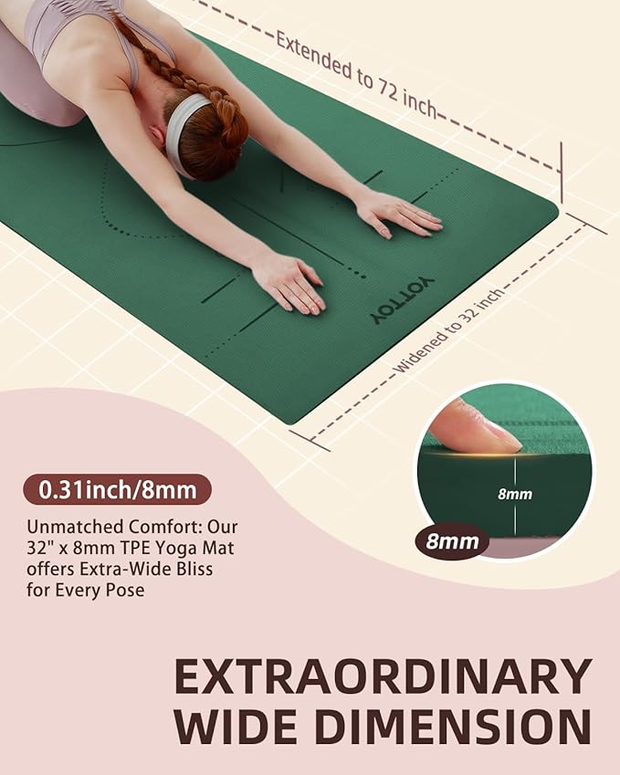 YOTTOY Yoga Mat, 72"x 32"x1/3" Extra Wide Non-Slip Exercise Fitness Yoga Mats,Eco-Friendly TPE Exercise Mats for Women Men Home Workout with Strap Bag