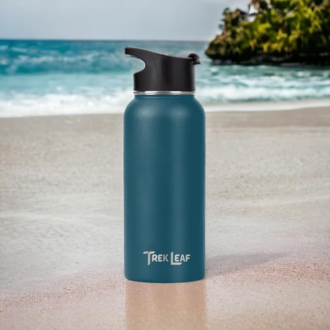 Travel Water Bottle with Carrying Bag, 3 Lids (Spout, Straw, Flip), and Bottle Brush; Leak Proof, Quality, Vacuum Insulated, Stainless Steel (Cascade Teal, 32 oz)