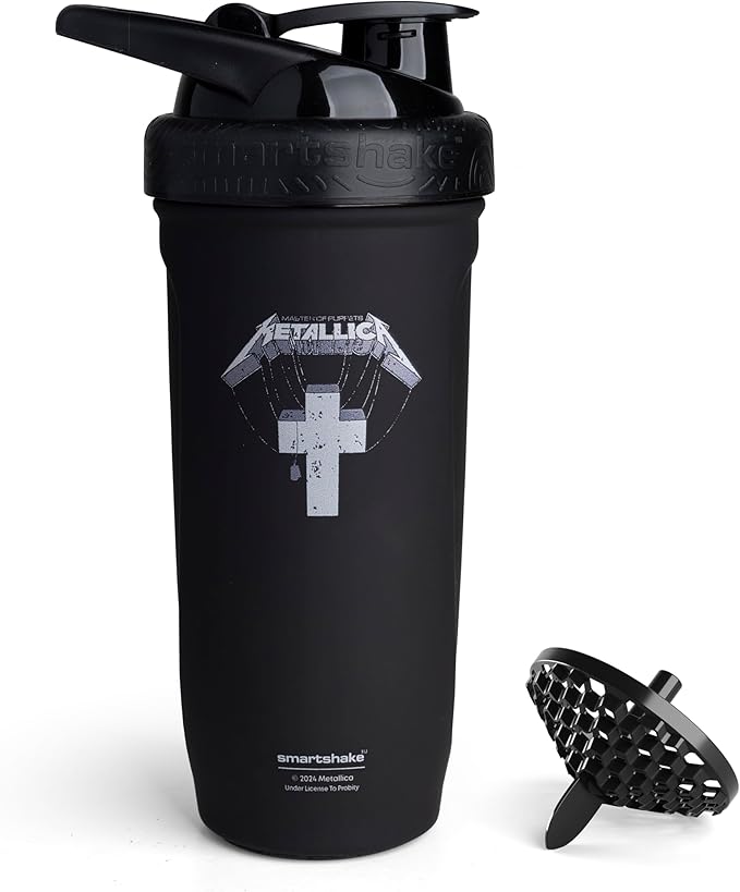 Smartshake Rockband Reforce Stainless Steel Protein Shaker Bottle 900 ml | 30 oz - Leakproof Screw-on Lid - BPA Free – Unisex - Metallica, Master of Puppets Logo on Bottle