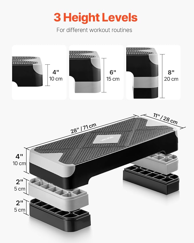 VEVOR Aerobic Exercise Step Platform, 28-Inch Workout Aerobic Stepper, Height Adjustable Fitness Training Step Deck Trainer with 4 Risers, Non-Slip Surface Bench for Home Gym Cardio Strength