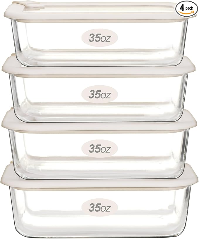 Urban Green Glass Food Storage Containers with Glass Lids, Microwave Safe Food Container Set, Airtight Food Container Set, LeakProof, 100% Plastic Free, White Color, 4pack
