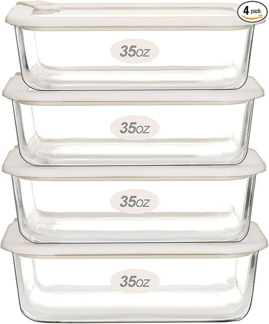 Urban Green Glass Food Storage Containers with Glass Lids, Microwave Safe Food Container Set, Airtight Food Container Set, LeakProof, 100% Plastic Free, White Color, 4pack