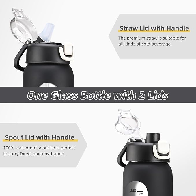 32 oz Glass Water Bottles with 2 Lids-Handle Spout Lid & Straw Lid, 1 Liter Motivational Borosilicate Water Bottle with Time Marker and Silicone Sleeve,Leakproof-Black-1 Pack