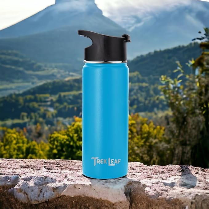 Travel Water Bottle with 3 Lids (Spout, Straw, Flip) Leak Proof, Quality, Vacuum Insulated, Stainless Steel (Ocean Blue, 18 oz)
