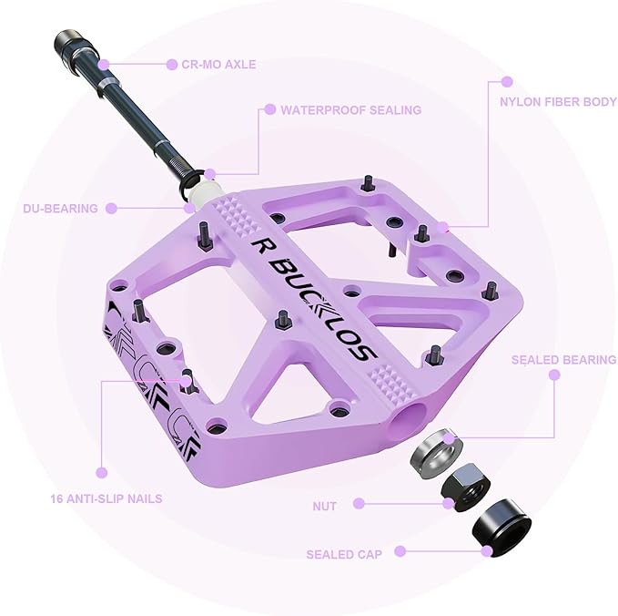 BUCKLOS Mountain Bike Pedals MTB Pedals Flat, Adult Bicycle Road Bike Large Platform Nylon Non-Slip Pedal for Gravel Bike/Hybrid Bike 9/16"