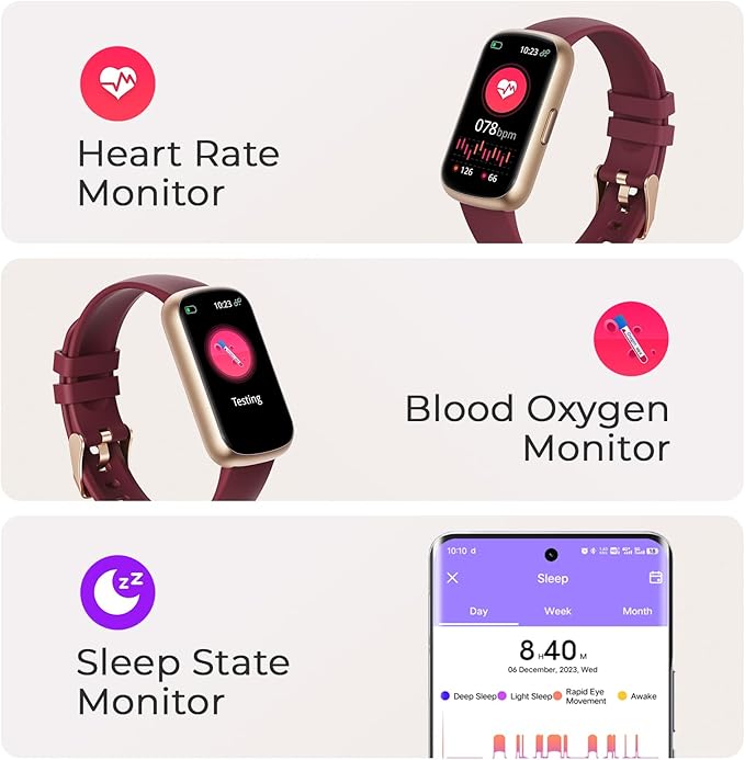Fitness Tracker for Women Men, Smart Watch Band with 24/7 Heart Rate Blood Oxygen Sleep Monitor, Calories Step Tracker Pedometer 3ATM Waterproof Activity Tracker for Android iOS, Wine Red