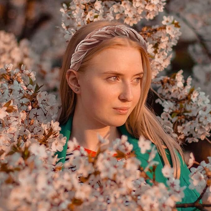 Madison Tyler Thick Headbands for Women | Pink Velvet Braided Cute Handmade Makeup Hair Band for Girls Thin Hair | Skincare and Boho Spring Headband for Washing Face