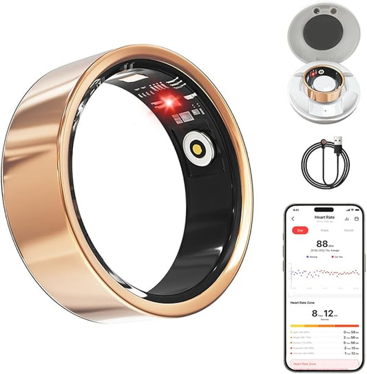 Smart Health Ring for Women Men Fitness Tracker with Heart Rate, Blood Oxygen, HRV, Sleep Monitoring, Step Counting, IP68 for iPhone and Android, No Subscription Fee (Rose Gold, 7#)