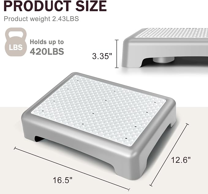 GWNF3.35'' Short Step Stool – 600lb Capacity Ultra-Sturdy Structure & Lightweight Step Stools for Seniors, Kids & Adults | Non-Slip Wide Platform | Mobility Step Stool for Indoor & Outdoor(Grey-White)