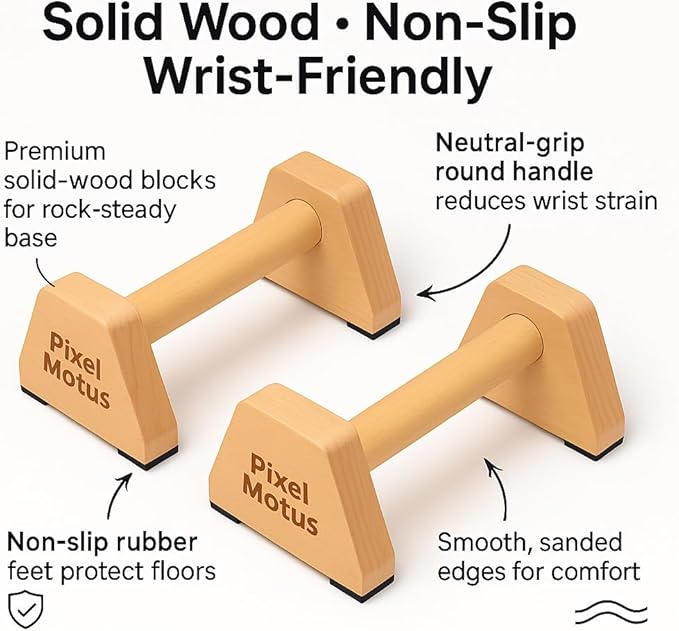 Wooden Parallettes Bars Calisthenics Push Up Bars for Handstand Dips & Balance Training Solid Wood Pushup Handles Non Slip Feet Set of 2