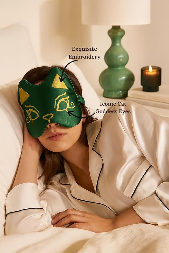 Silk Sleep Mask Blindfold Eye Mask for Sleep Cute Cat Print Embroidered Eye Cover Adjustable Oversized Egyptian Bastet with Gift Box&Pouch(Osiris Green-Elastic Strap)