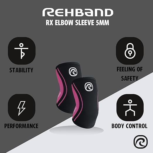 Rehband Elbow 5mm Compression Sleeve, Neoprene Elbow Sleeves for Weightlifting, Anatomical Design, Non-Slip & Close Fitting, Elbow Support Unisex, Colour:Black/Pink, Size:Small