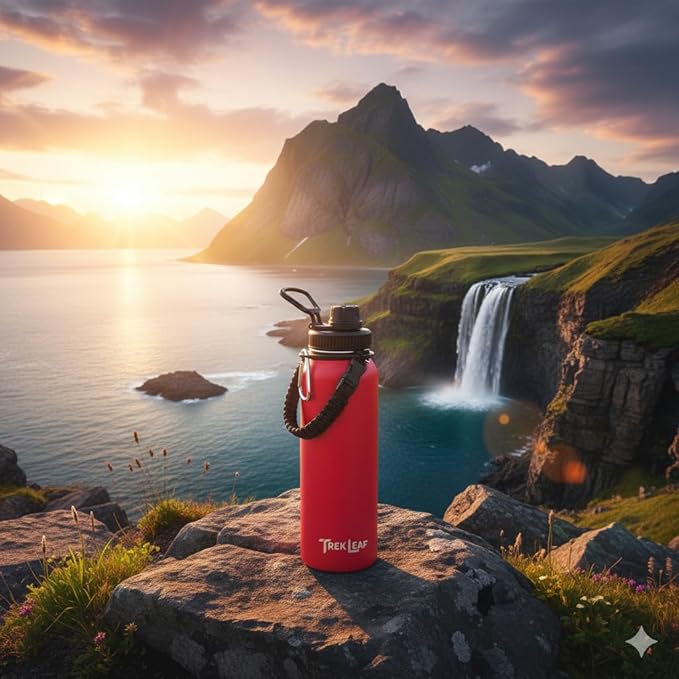 Travel Water Bottle with Carrying Bag, 3 Lids (Spout, Straw, Handle), and Bottle Brush; Leak Proof, Quality, Vacuum Insulated, Stainless Steel (Red, 40 oz)