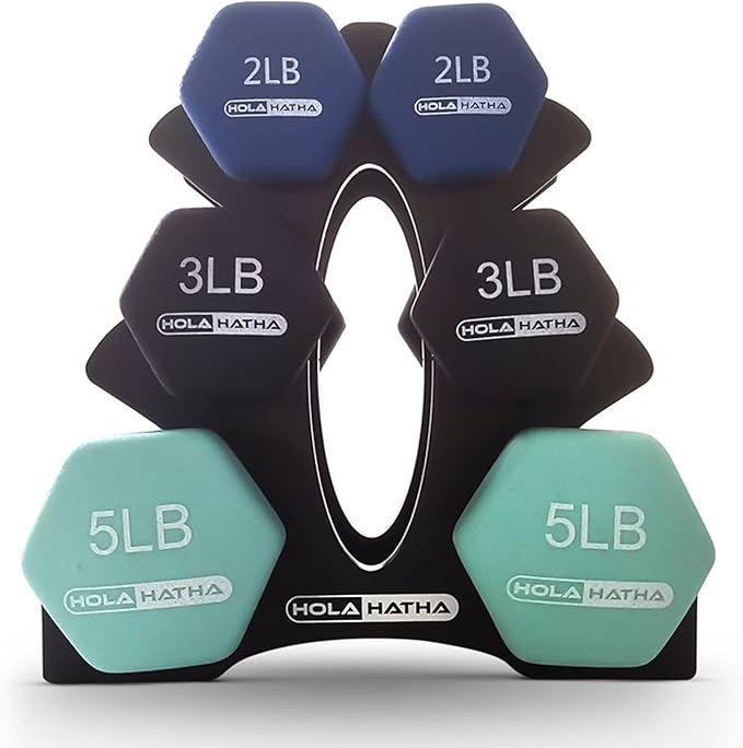HolaHatha 2, 3, 5, 8, and 10 Pound Neoprene Dumbbell Free Hand Weight Set with Rack, Ideal for Home Exercises to Gain Tone and Definition, Pastel