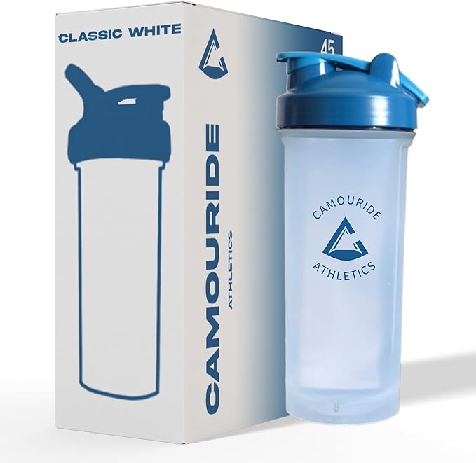 2 Pack 45 oz Protein Shaker Bottles with Wire Whisk – BPA-Free, Leak-Proof Shaker Cups for Protein Shakes & Smoothies – Large Plastic Mixer Bottle – Classic White & Cobalt Blue.