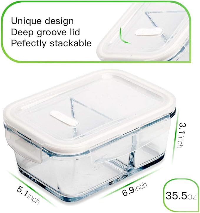DAS TRUST 3 Pack Glass Food Storage Containers 2 Compartments Glass Meal Prep Containers with Lids Lunch Containers for Adult Food Prep Container with Dividers Reusable Lunch Bento Box