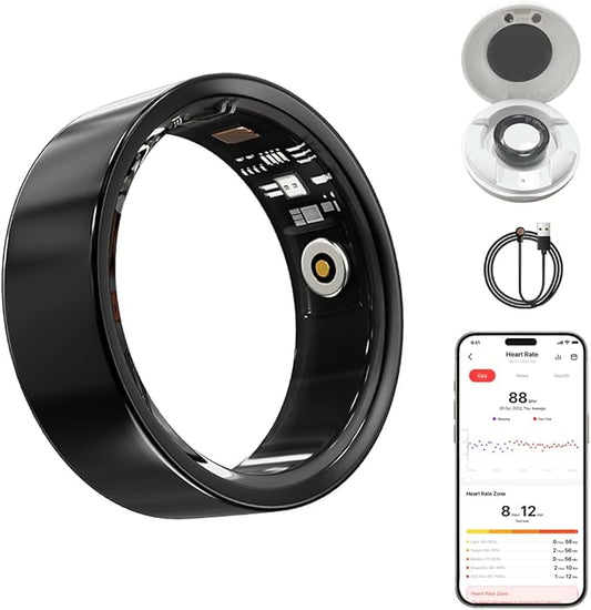 Smart Health Ring for Women Men Fitness Tracker with Heart Rate, Blood Oxygen, HRV, Sleep Monitoring, Step Counting, IP68 for iPhone and Android, No Subscription Fee (Black, 9#)