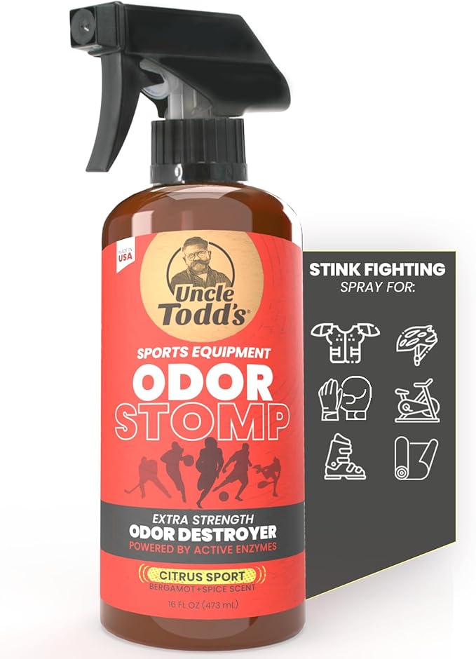 Uncle Todd’s Odor Stomp Sports Equipment Odor Eliminator Spray - Extra Strength Enzyme-Powered Deodorizer for Football, Hockey, Gym Bags, and Athletic Gear - Citrus Sport Scent - 16oz