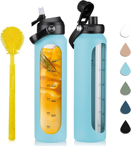 32 oz Glass Water Bottles with 2 Lids-Handle Spout Lid & Straw Lid 1 Liter Motivational Borosilicate Water Bottle with Silicone Sleeve and Time Marker,Leakproof